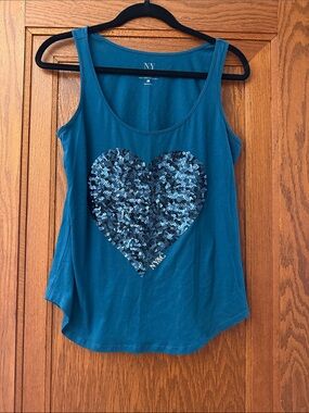 New York & Company Teal Tank with Navy Sequin Heart